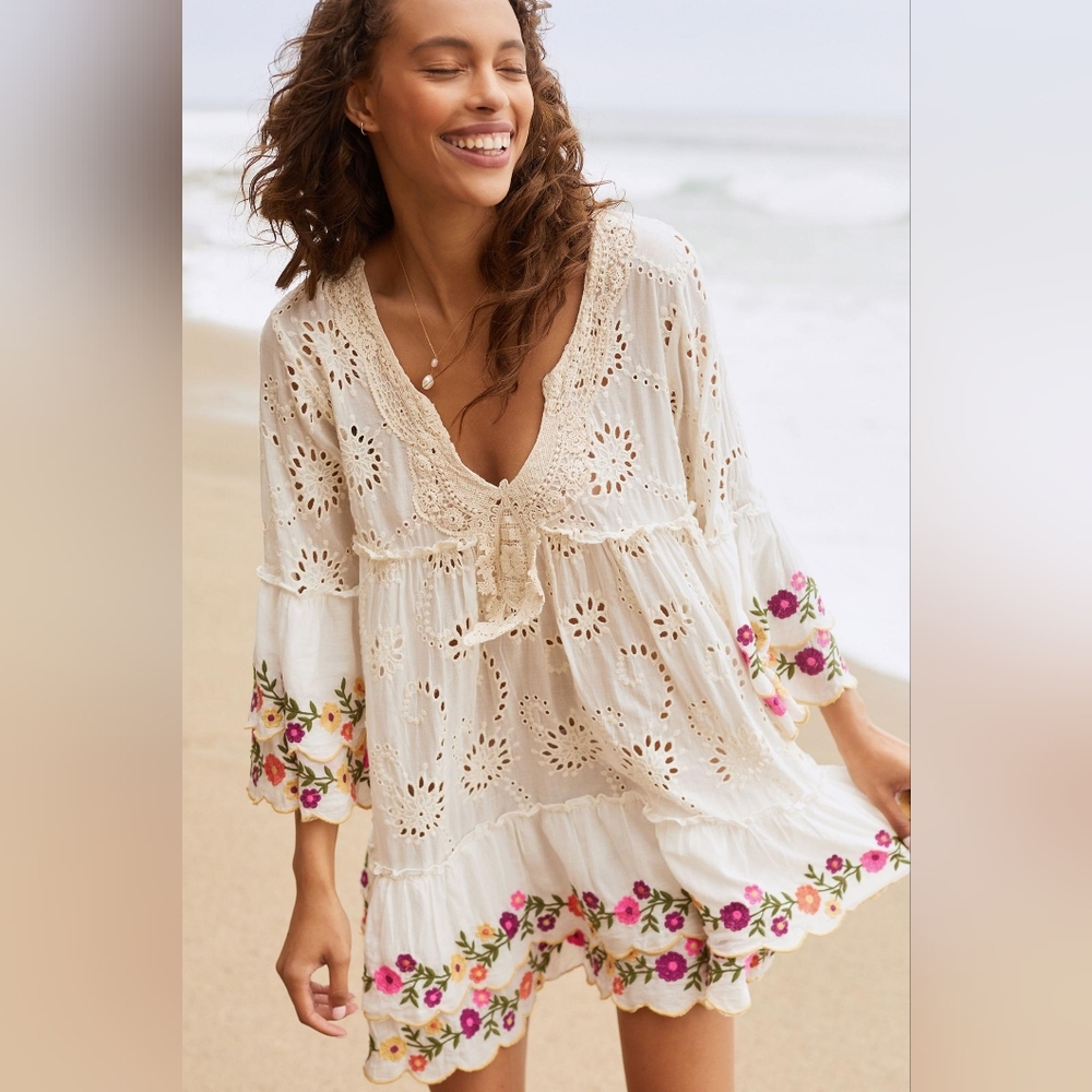 Anthro Embroidered Cover-Up Mini Dress